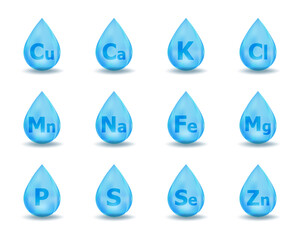 Set of mineral drop complex. Mineral K, Cl, Ca, Cu, Mn, Na, Fe, Mg, Se, Zn, S, P. Blue drug nutrition design. Multimineral pill capsule supplement illustration concept. - obrazy, fototapety, plakaty