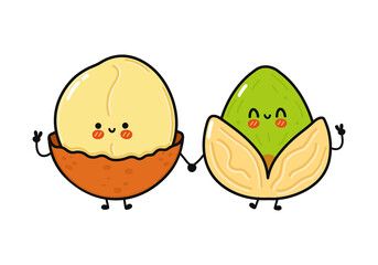 Cute, funny happy macadamia and pistachios character. Vector hand drawn cartoon kawaii characters, illustration icon. Funny cartoon macadamia and pistachios friends