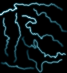 Thunderbolts. Different lightning discharges for design. A collage of lightning bolts on a black background.