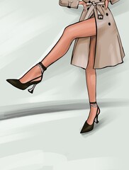 Women's feet in high-heeled shoes. Sandals on bare feet. The girl in the raincoat. Illustration