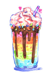 Milkshake rainbow whipped cream chocolate smudges sweet drink dessert watercolor isolated striped childrens cold