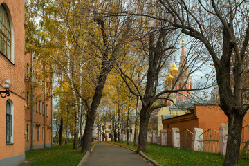 Church of the Resurrection of Christ in Kadashi, view from Lavrushinsky lane on an autumn day