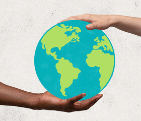 Contemporary art collage, modern design. Abstract earth globe in human hands. Idea. imagination, creativity