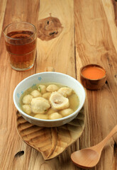 Cilok Kuah Bakso with Chilli Chopped Inside, Spicy Meatball Cilok in a Blue Bowl