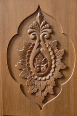 Traditional decoration wood carving brown door wood texture detail art decorative style