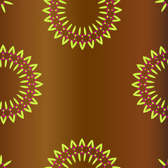  A symmetrical pattern of abstract shapes creates an ornament around a colorful flower. Ornament on a gradient brown background.