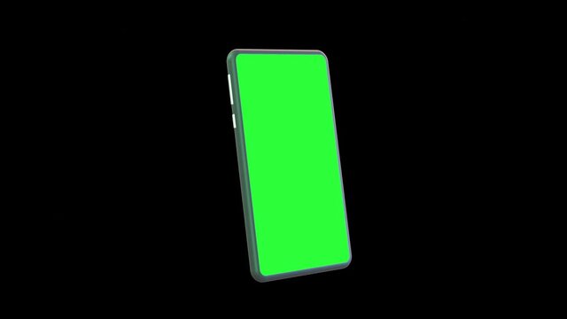modern smartphone with green screen on black background . 3d illustration rendering . 4k resolution video . for business , advertisement, market and etc . Computer generated image . Easy customizable 