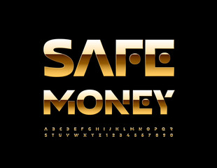 Vector financial logo Safe Money with Gold abstract Font. Glossy set of modern Alphabet Letters and Numbers