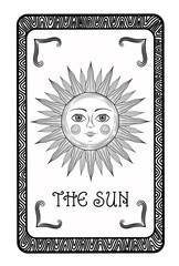 Sun tarot card. Sun face astrology symbol. Alchemy icon. Bohemian sun with face. Antique style design esoteric symbol. Boho vintage hand drawn sun character. Magic monochrome heavenly body.