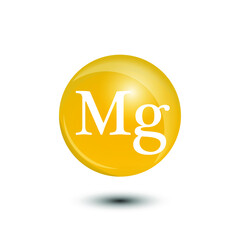 Mineral Mg magnesium yellow shining pill capsule isolated on white background. Vector illustration