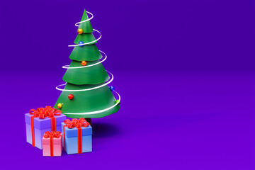 A Christmas tree decorated with a light garland and colorful gift boxes underneath against a bright purple background. 3D render.