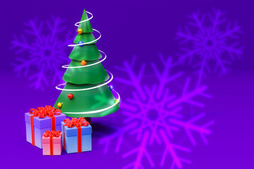 A Christmas tree decorated with a light garland and colorful gift boxes underneath against a bright purple background with snowflakes. 3D render.