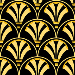 Art déco stylisé floral échelle vecteur sans soudure de fond. Fond géométrique abstrait en or noir des années 1920 avec des fleurs dorées en forme d& 39 éventail et des formes d& 39 échelles linéaires. Répétez pour la célébration