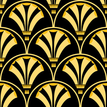 Art Deco stylized floral scale vector seamless pattern background. Black gold abstract 1920s geometric background with golden fan shaped flowers and linear scales shapes. Repeat for celebration
