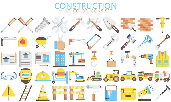 Simple Set of Construction Related Vector multi color Icons set. include shovel, roller, paint and others. Used for modern concepts, web, UI, UX kit and applications. EPS 10 ready to convert to SVG