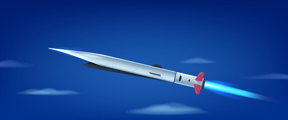 Flying hypersonic missile in the sky with clouds. Missile in a diagonal direction. Vector illustration.