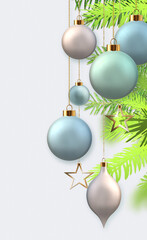 Naklejka na ściany i meble Christmas Happy New Year vertical greeting. Pastel blue green pink Christmas balls baubles hanging on fir branches on white background. Beautiful Holiday festive design, corporate card. 3D render