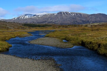 Mountain and river scenery in Thinfvellir National Park 