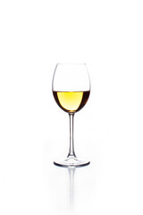 Hands of white wine in the center on a white background