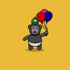 Vector Illustration Mascot cartoon character of Cute Baby King Kong Bring Balloons. Suitable for Brand, Label, Logo, Sticker, t-shirt Design and other Product.