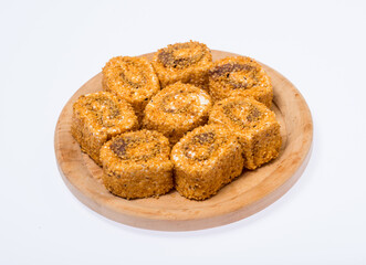 Turkish delight sweets on a wooden stand..