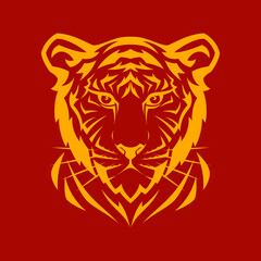 Vector tiger head, straight face yellow silhouette design for logo, emblem, tattoo, sticker, t-shirt. Isolated on red background. Happy new year 2022. Year of tiger.