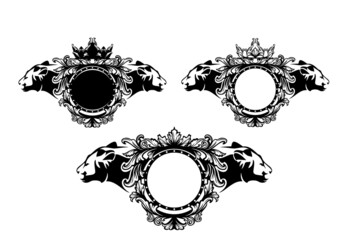 two lioness heads and antique style calligraphic floral ornament forming round copy space blank frame with royal crown -  black and white vintage vector circle decorative design set - obrazy, fototapety, plakaty