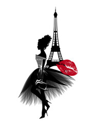vector portrait of beautiful glamorous woman wearing stylish clothes in Paris - haute couture dress, fashionable high heels and clutch bag with eiffel tower silhouette and red lipstick kiss mark - obrazy, fototapety, plakaty