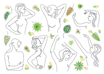 Collection. Silhouettes of the figure of a girl and a leaf of a plant in a modern one-line style. Solid line, aesthetic outline for home decor, posters, stickers, logo. Vector illustration set.