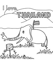 Elephant in the forest among the nature, printable coloring pages for kids and adults, Thai symbol. Thai culture.