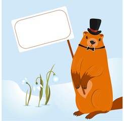Groundhog day card. The harbinger of spring. Cute marmot character. February 2. Vector illustration with a marmot