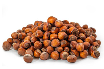 Hazelnuts in the shell. Round filbert, ripe fruit of a Corylus avellana hazel shrubs.
