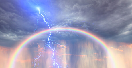 Amazing lightning over the rain   with amazing rainbow at sunset