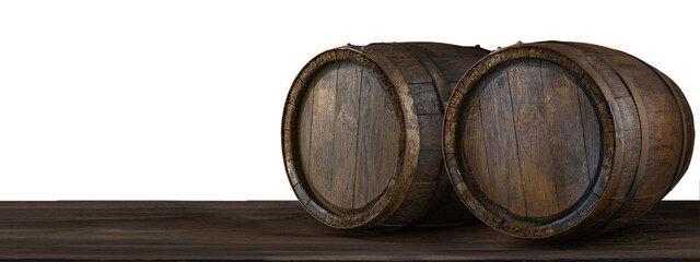 Old oak barrels in the cellar. Fermentation of alcoholic beverages. Wine warehouse.