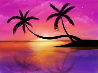 Dark palm trees silhouettes on colorful tropical ocean sunset background hand draw illustration