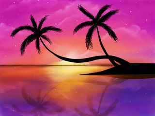 Foto op Canvas Donkere palmbomen silhouetten op kleurrijke tropische oceaan zonsondergang achtergrond hand tekenen illustratie © brankospejs