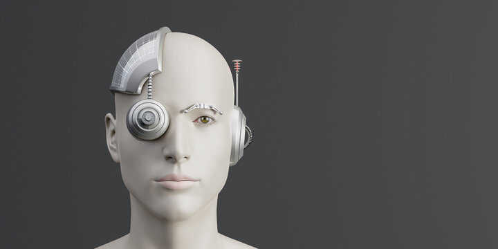 Portrait of Cyberpunk Trans human cyborg with advanced and futuristic technology 3d render 3d illustration