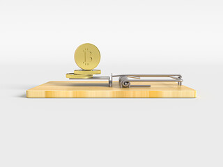 Bitcoin in mousetrap concept in 3D rendered illustration. Money trap, greedy concept. Concept of financial risk management, stock market, money investment, personal loan, debt, fraud.