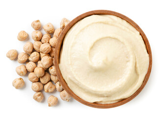 Hummus in a plate and chickpeas on a white background, isolated. Top view