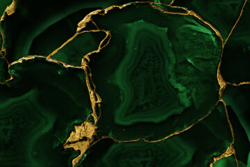 Agate Gemstone slices, marble texture in kintsugi style cracks and craquelure. Golden metallic swirls veins, slab crystalline texture of the natural stone