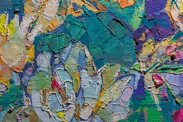 Abstract background closeup of a painting with brushstrokes. Rough art paint smear. Large multicolor spots of brush strokes and palette knife on the canvas