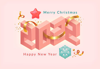 Happy New Year 2022.Pink 3d numbers with ribbon