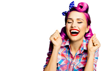 Unbelievable news! WOW! Excited surprised, very happy purple pinup woman. Pin up girl with open...