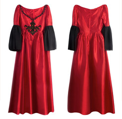 Isolated red carnival gothic queen or vampire dress, red and black, front and back view.