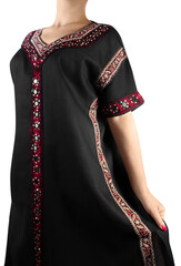 Isolated hippie girl in ethnic embroidery dress, close up