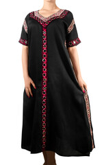 Isolated hippie girl in ethnic embroidery dress, front view