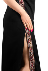 Isolated woman's leg in sexy ethnic dress with slit, body beauty and fashion