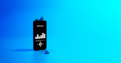 Music application. Mobile smartphone screen with music app, sound headphones. Audio voice with radio beats on blue gradient. Recording studio or podcasting banner with copy space.