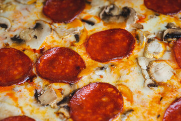 Traditional Italian pizza pepperoni with cheese and mushrooms.