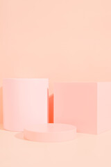product platform arrangement in pink pastel color in minimalist style. trendy display layout with an empty podium for showcasing cosmetics, skincare, or other products.                               